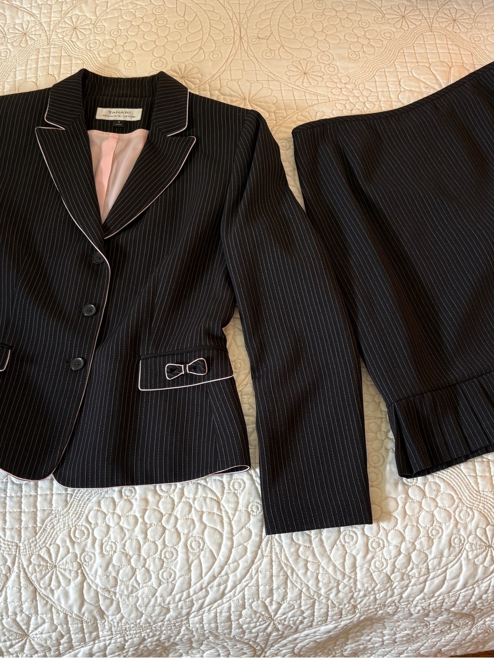 Tahari Tailored Black Pinstripe Women's suit with pink trim